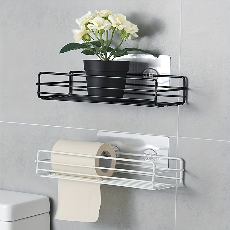 1pc No-Drill Wall-Mounted Wrought Iron Bathroom Shelf - Rust-Proof 3-Tier Shower Organizer with Suction Cups, Black Metal Storage Rack for Toiletries, Towels & Bottles, Toiletry Holder | Modern Bathroom Decor | Nodrill Installation, Bathroom Accessories